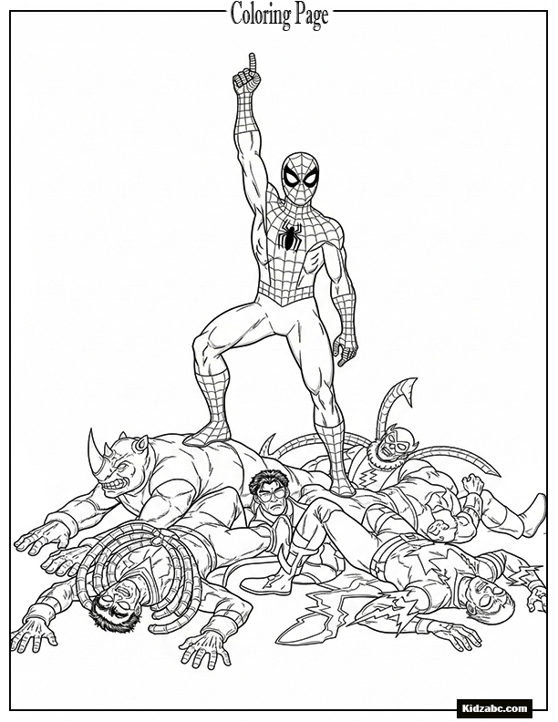 Spiderman standing victorious over defeated villains