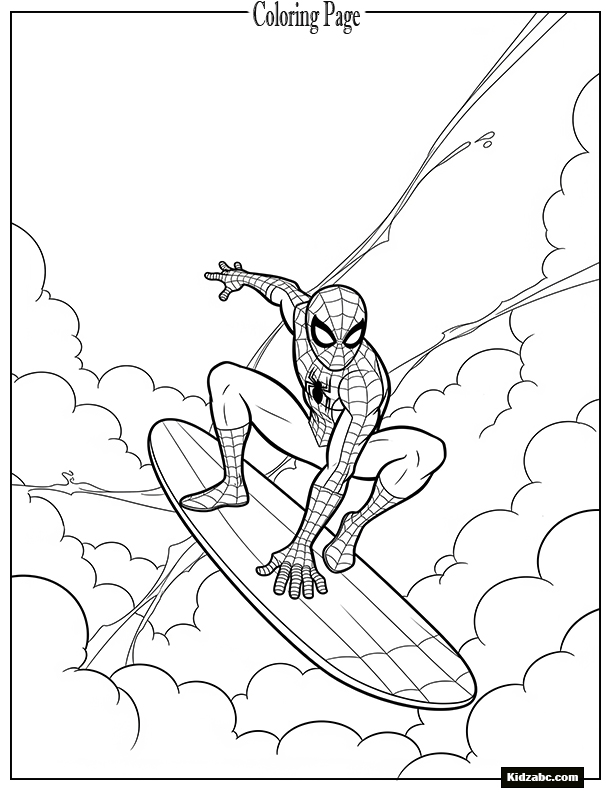 Spiderman surfing on a web board through the clouds