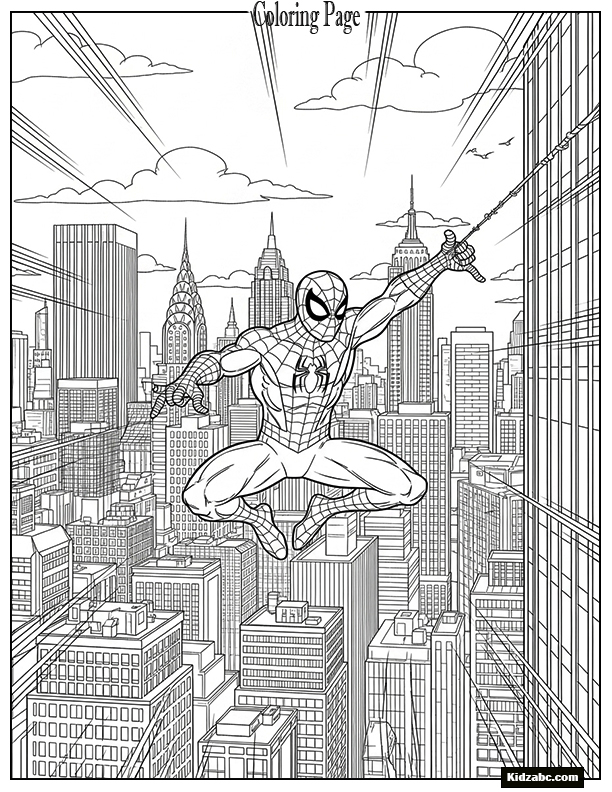 Spiderman swinging between New York skyscrapers