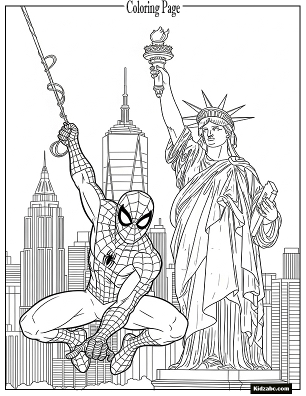 Spiderman swinging past the Statue of Liberty