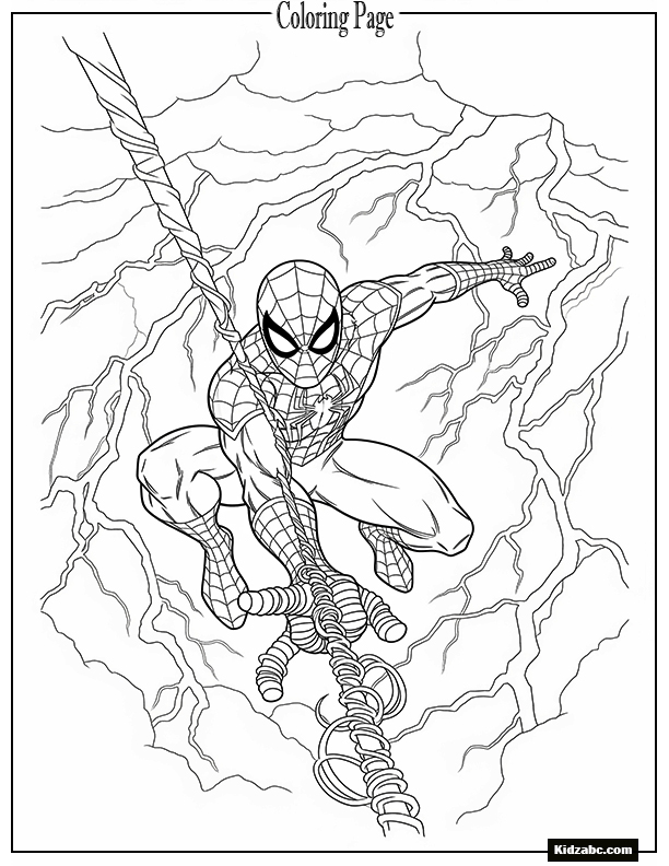 Spiderman swinging through a thunderstorm with lightning behind him