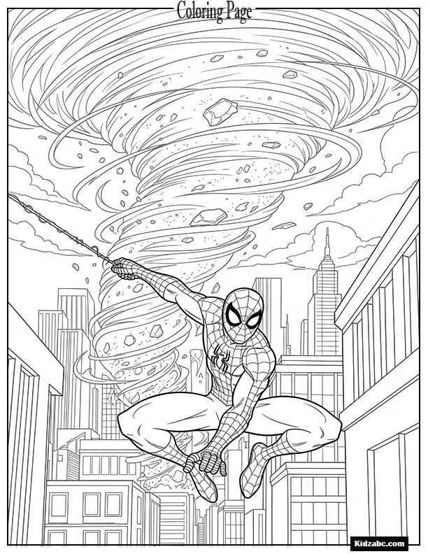 Spiderman swinging with Sandman’s tornado behind