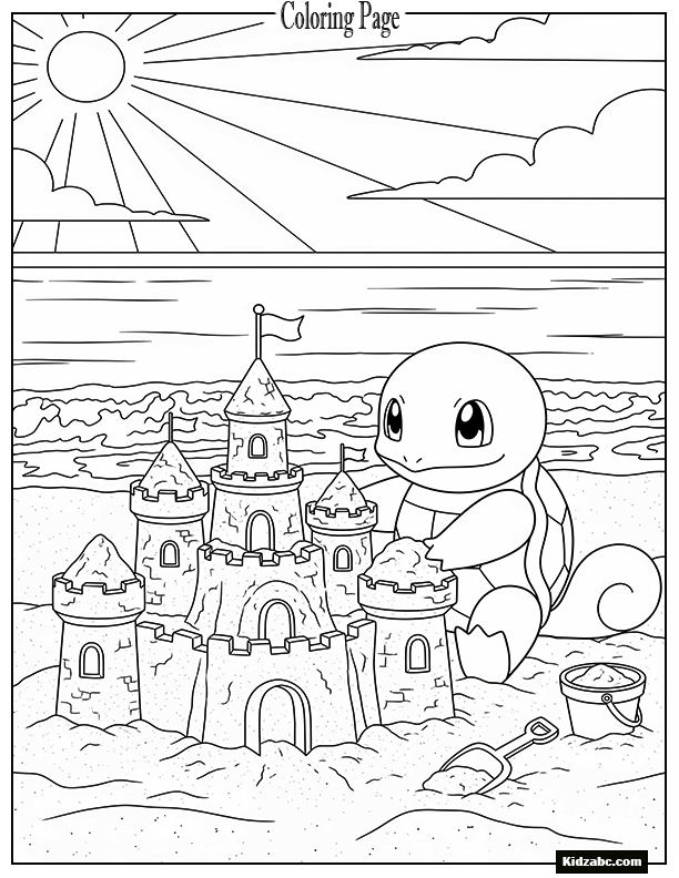 Squirtle building a sandcastle at the beach