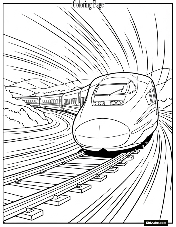 A bullet train on curved track, emphasizing speed