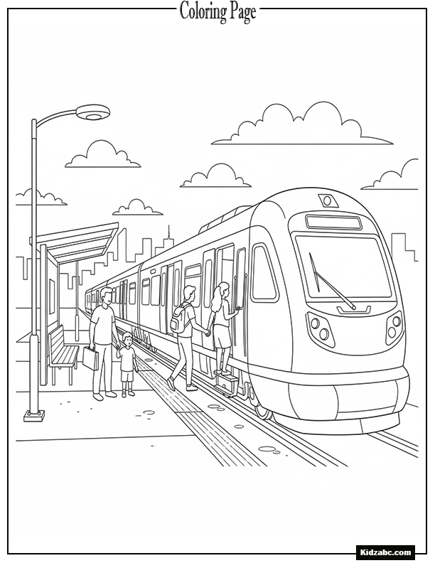 A commuter train stopping at a platform with minimal people
