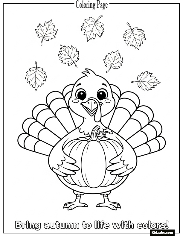 A cute cartoon turkey holding a pumpkin with falling