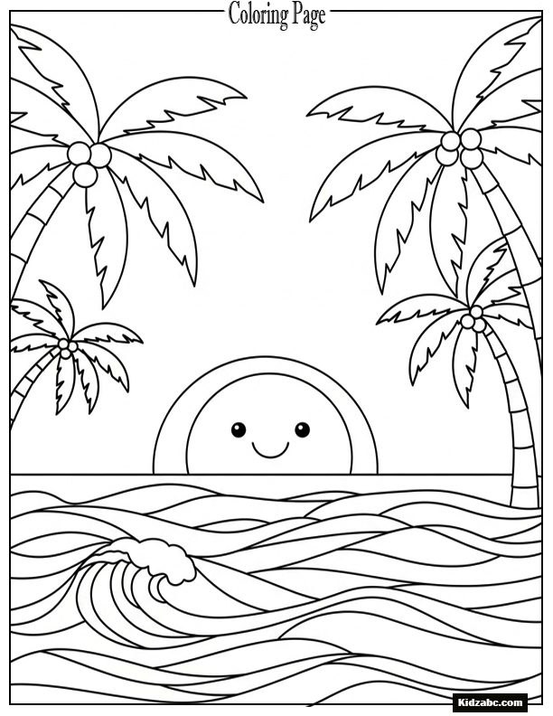 A cute smiling sun sets over the ocean and palms
