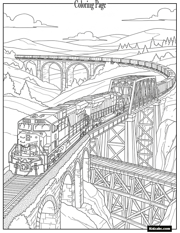 A diesel locomotive and freight cars crossing bridges