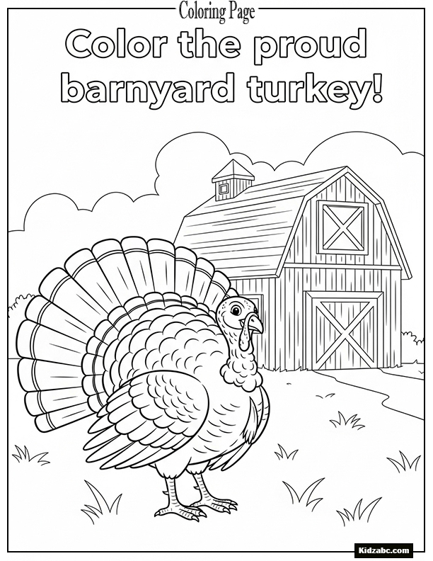 A happy turkey spreading its big feathers in front of a barn