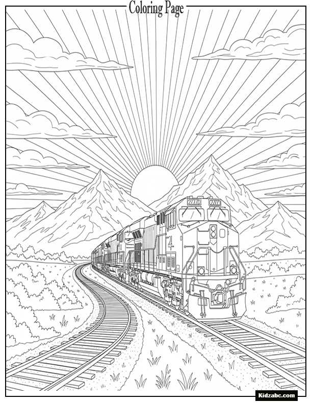 A locomotive at sunset, sun low behind mountains.