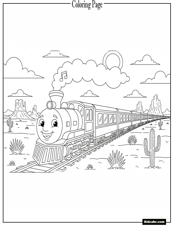 A passenger train crossing a desert flat land