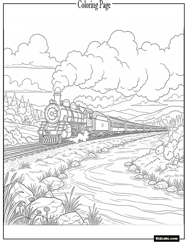 A steam train chugging along tracks by a river bank