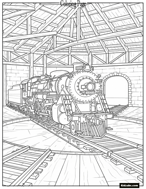 A steam train parked in old roundhouse