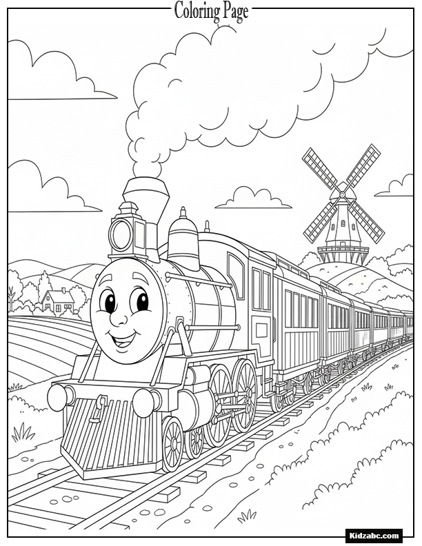 A steam train passing an old windmill