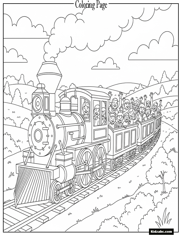 A steam train with passengers in open cars waving