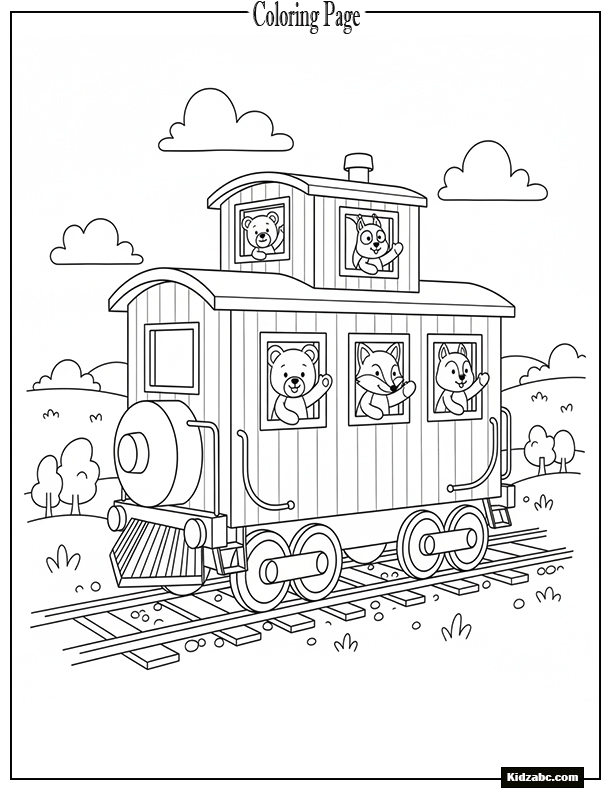 A toy caboose with animals waving from windows