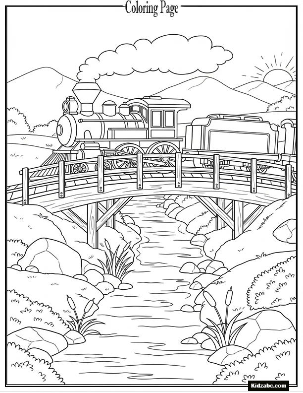 A toy train crossing a small wooden bridge over stream