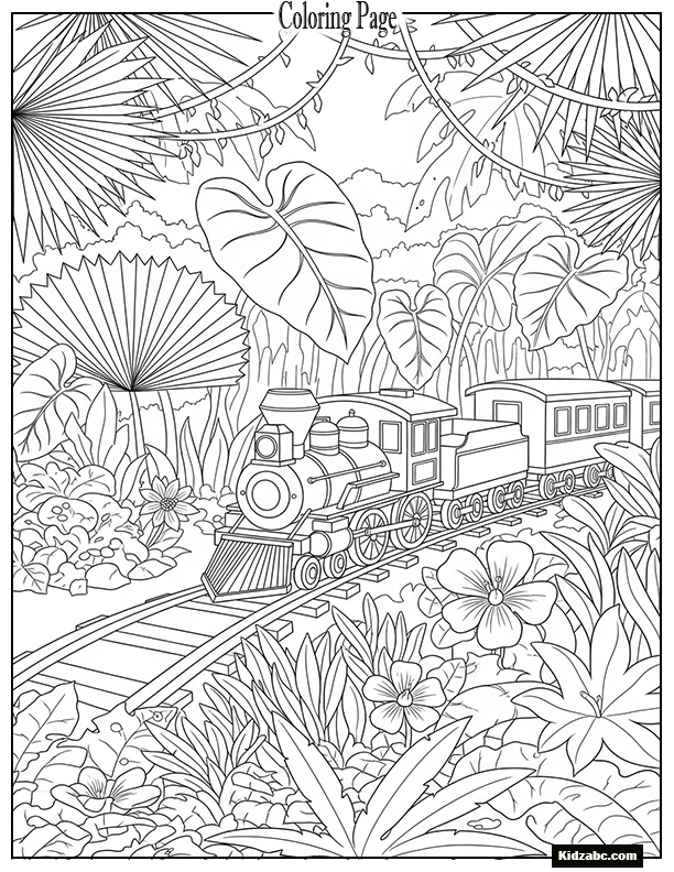 A toy train in jungle setting with large leaves