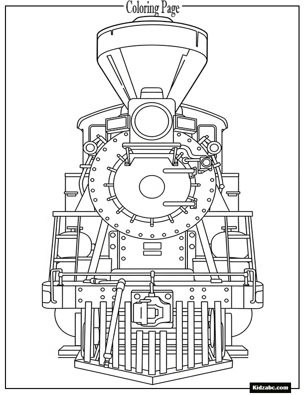 A train engine front-on, bold funnel, big lights