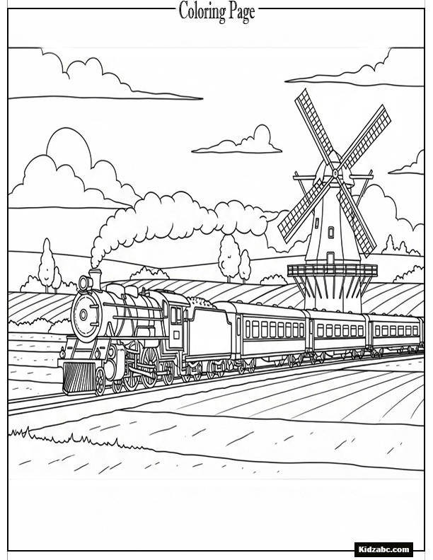A train going past a windmill and flat fields