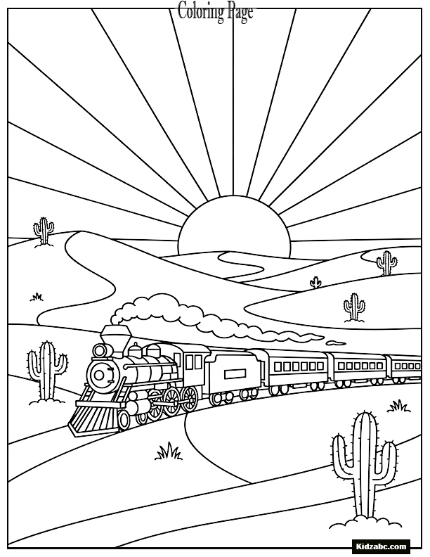 A train traveling across a desert dune at sunrise