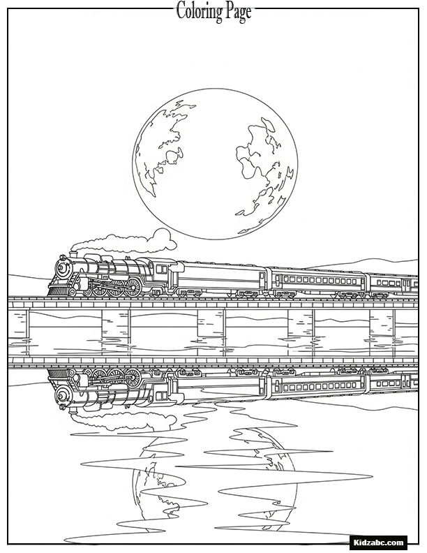 A train under full moon over calm waters reflection