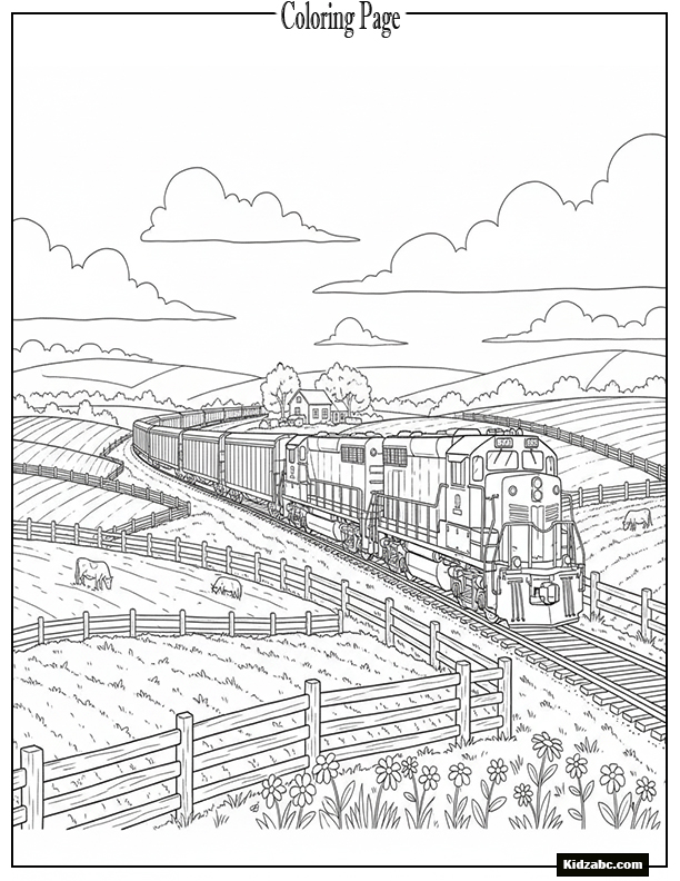 A train with caboose, passing through farmland with fences