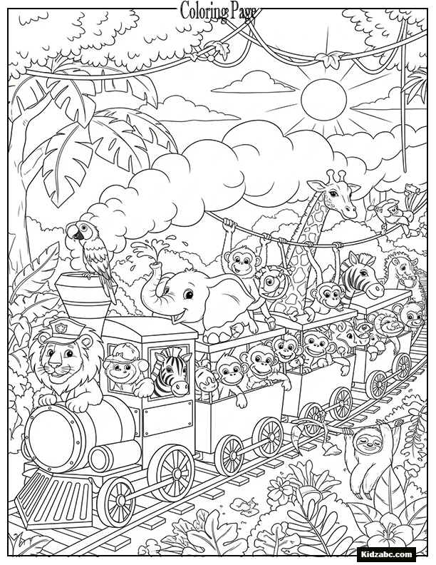 A train with jungle animals riding inside open cars
