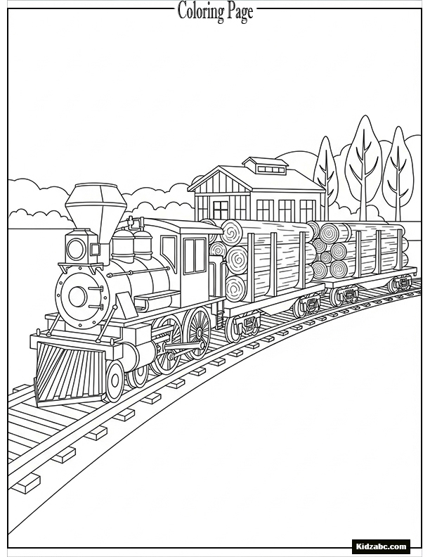 A train with open flatbed cars carrying logs