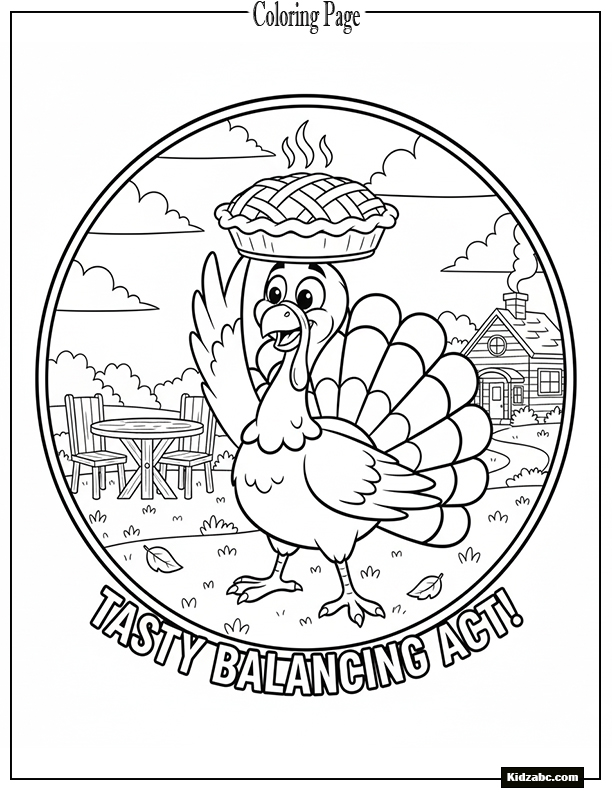 A turkey balancing a pie on its head