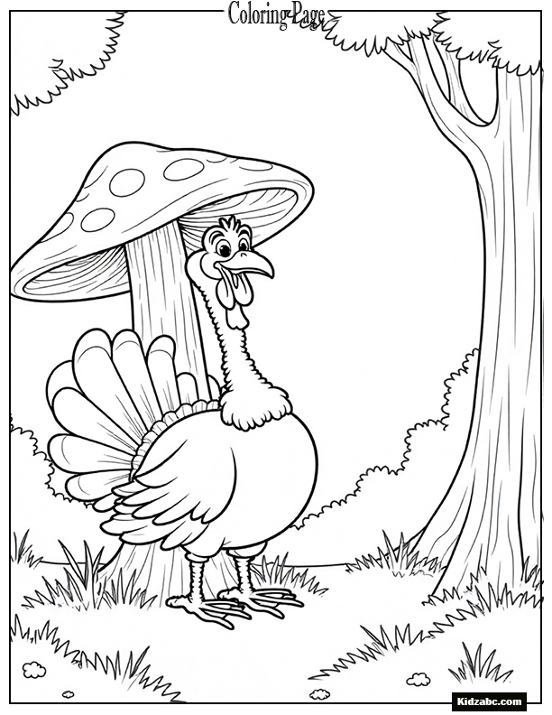 A turkey hiding behind a giant mushroom