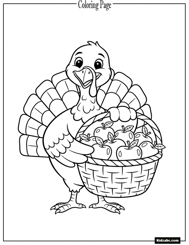 A turkey holding a basket of apples