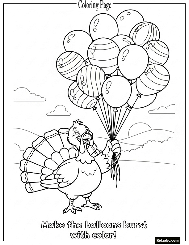 A turkey holding a bunch of balloons