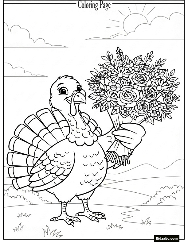 A turkey holding a flower bouquet.
