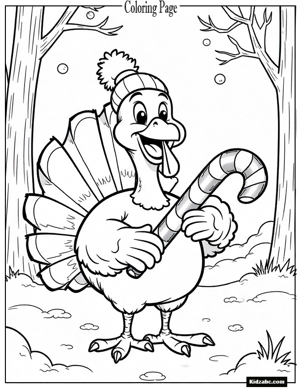 A turkey holding a giant candy cane