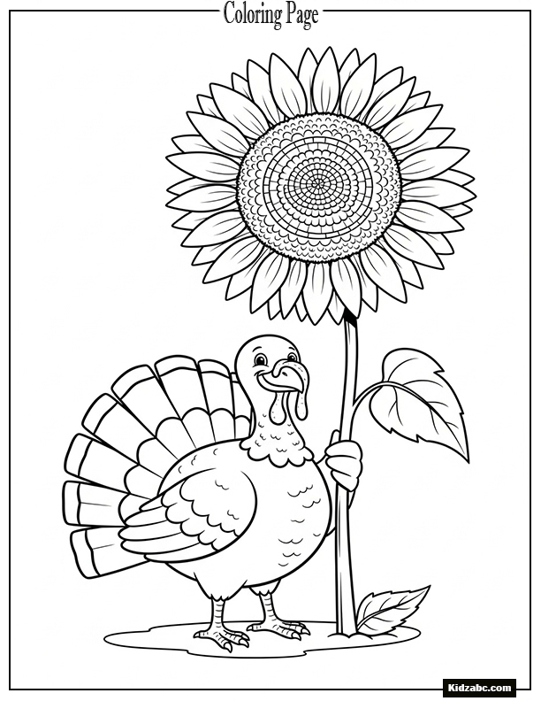 A turkey holding a giant sunflower
