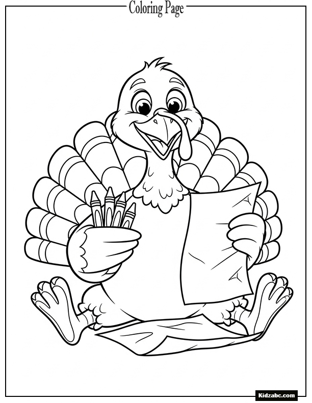 A turkey holding crayons and paper