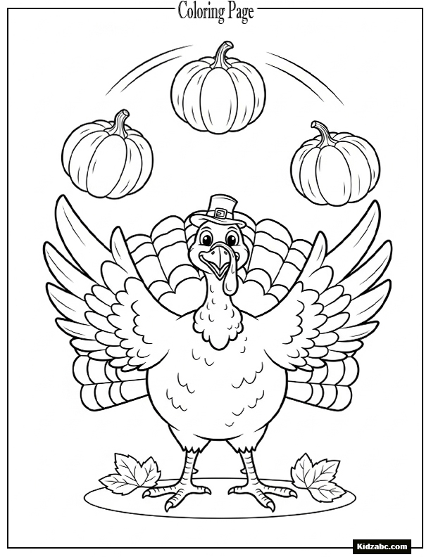 A turkey juggling three pumpkins