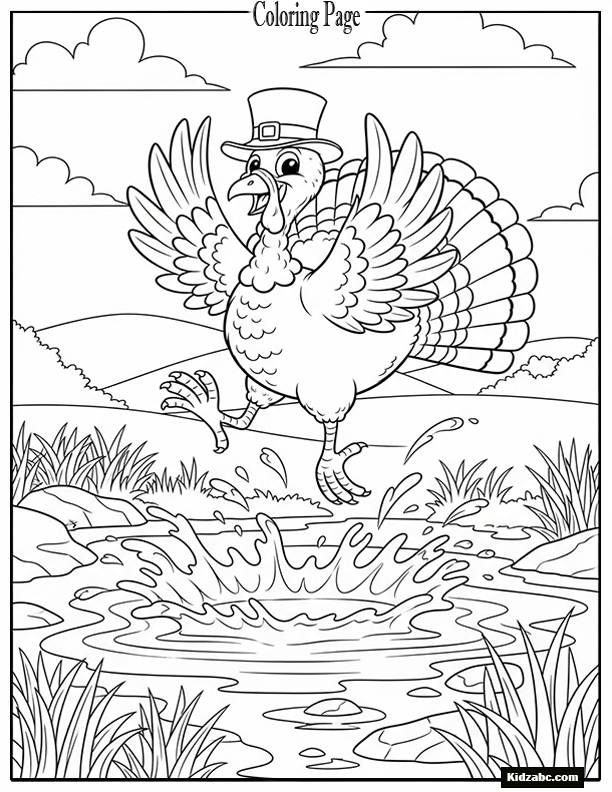 A turkey jumping in a puddle