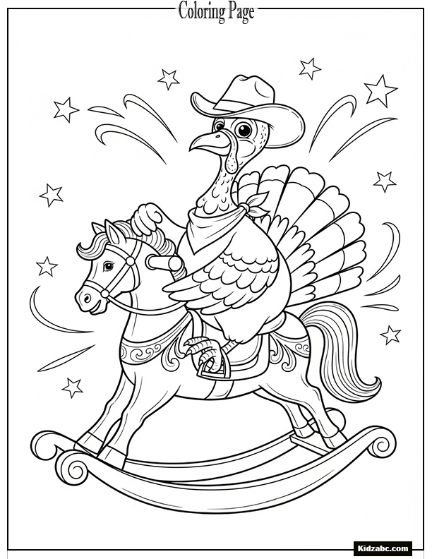 A turkey riding a rocking horse
