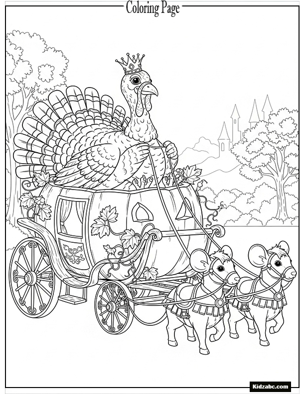 A turkey sitting on a pumpkin carriage
