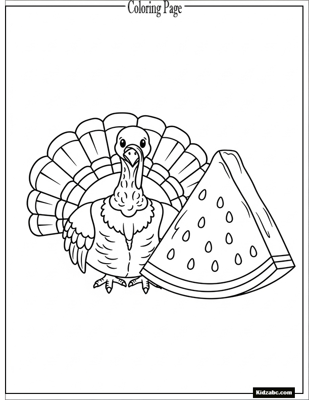 A turkey sitting with a giant slice of watermelon