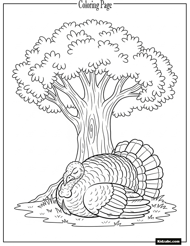 A turkey sleeping peacefully under a tree