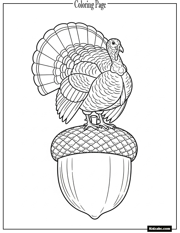 A turkey standing on a giant acorn