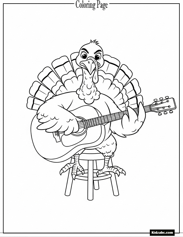 A turkey with a guitar, simple stool