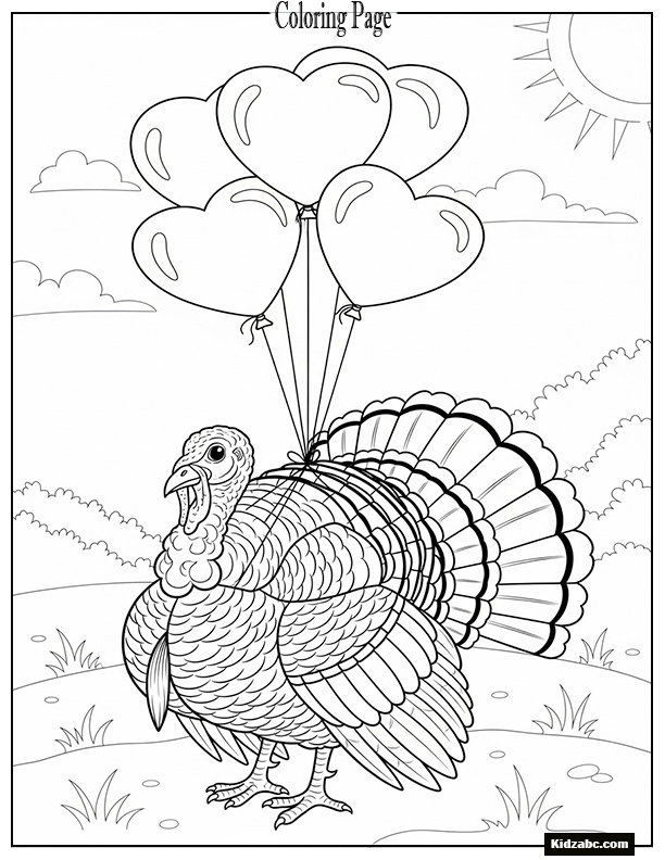 A turkey with balloons shaped like hearts