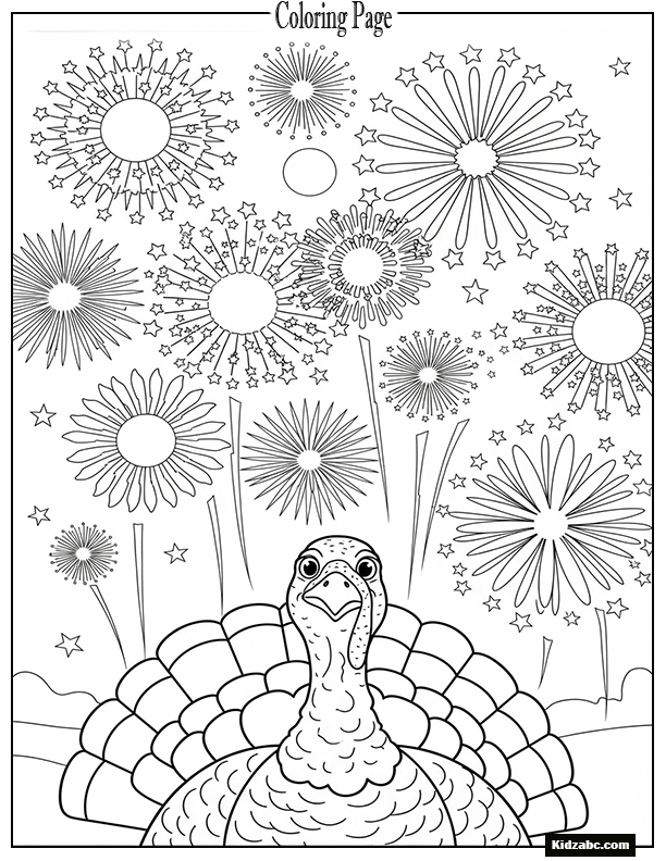 A turkey with fireworks in the sky