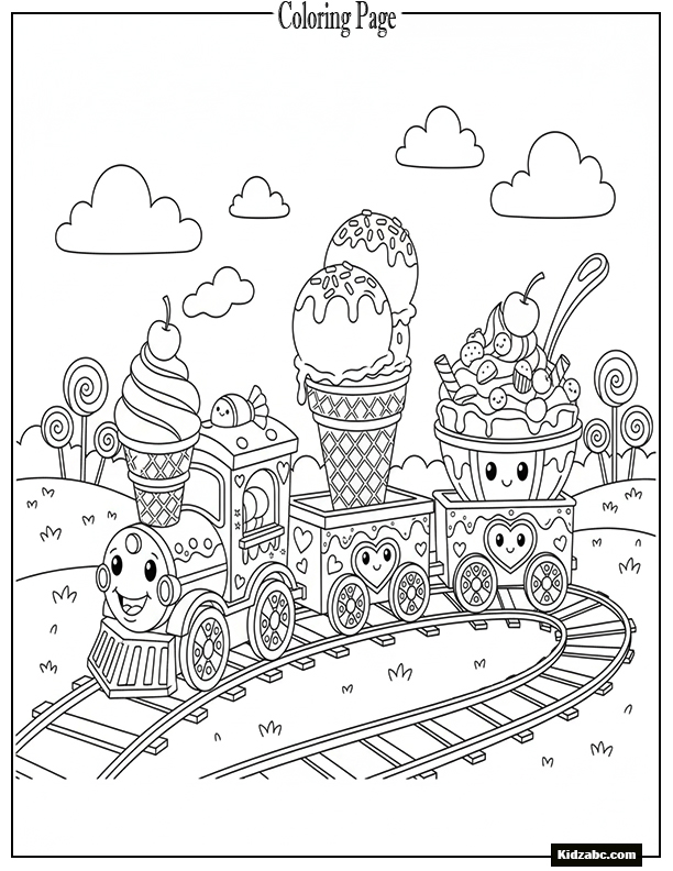 An ice-cream themed toy train with ice-cream cones