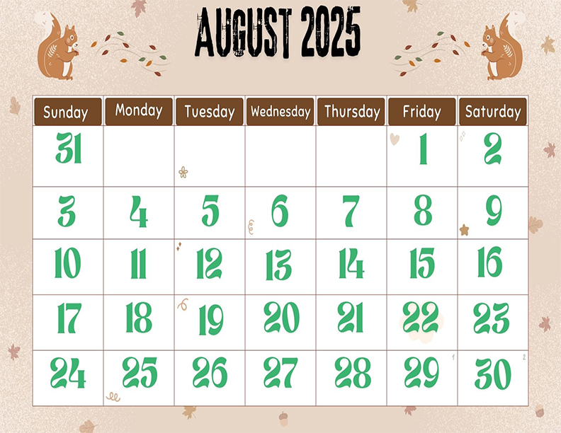 August 2025 Calendar Printable Beige and Brown Illustrated Landscape