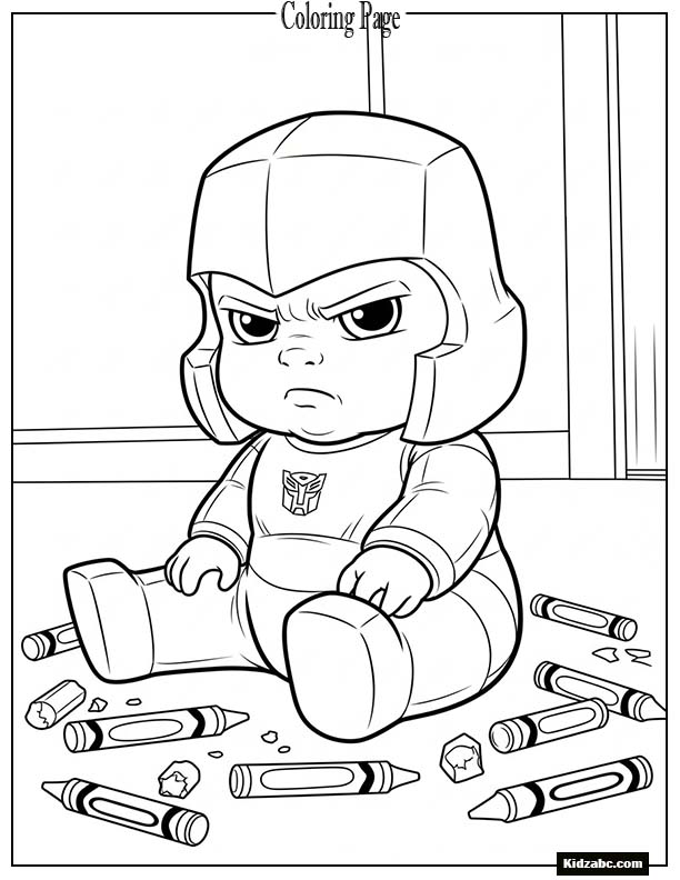 Baby Megatron looking grumpy with crayons around